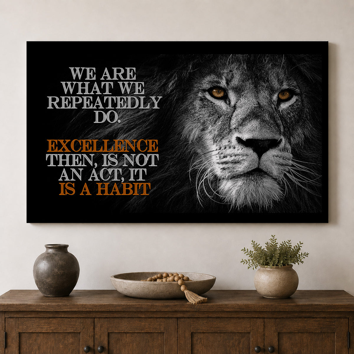 Excellence Is a Habit — Aristotle-Inspired Lion Motivational Canvas