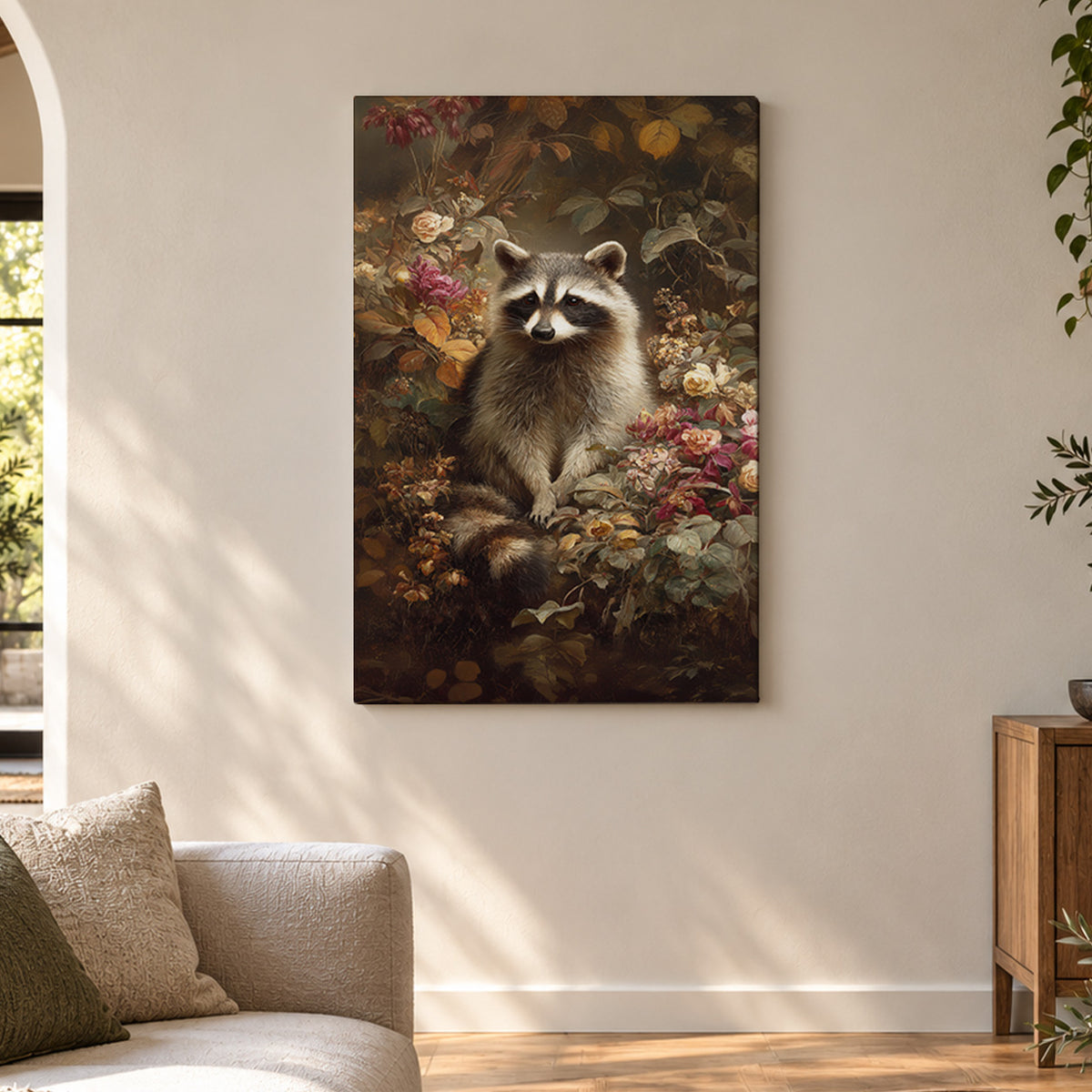 Woodland Visitor – Raccoon & Wildflowers Canvas Print