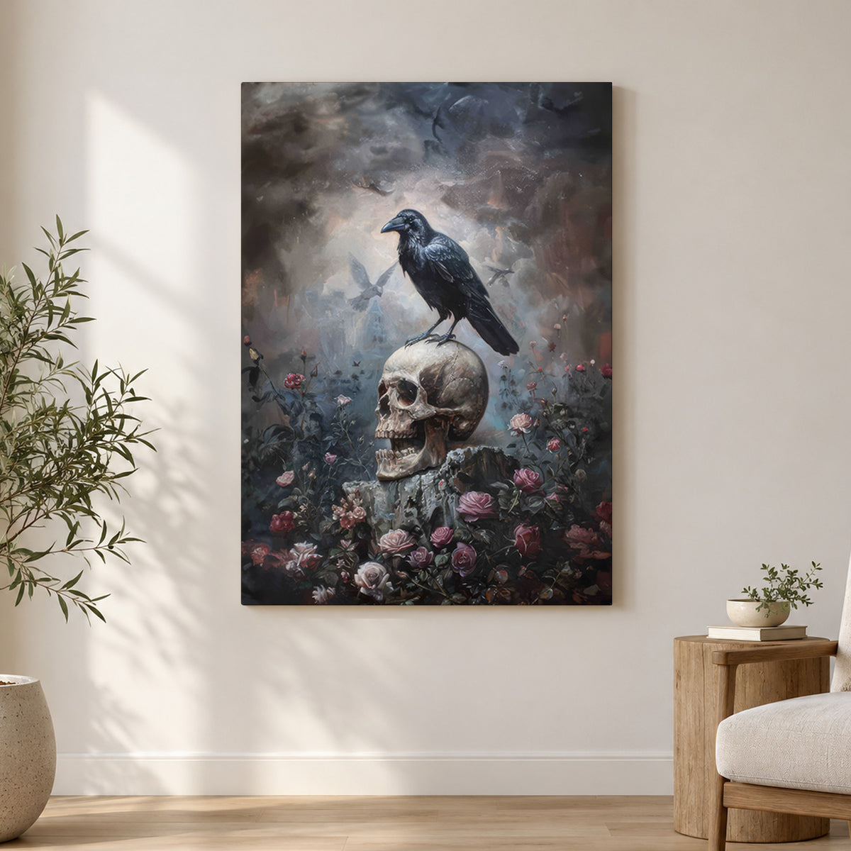 Raven & Roses – Gothic Skull Canvas Wall Art