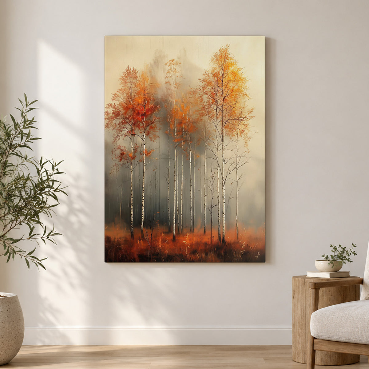 Autumn Whispers – Misty Birch Forest Art