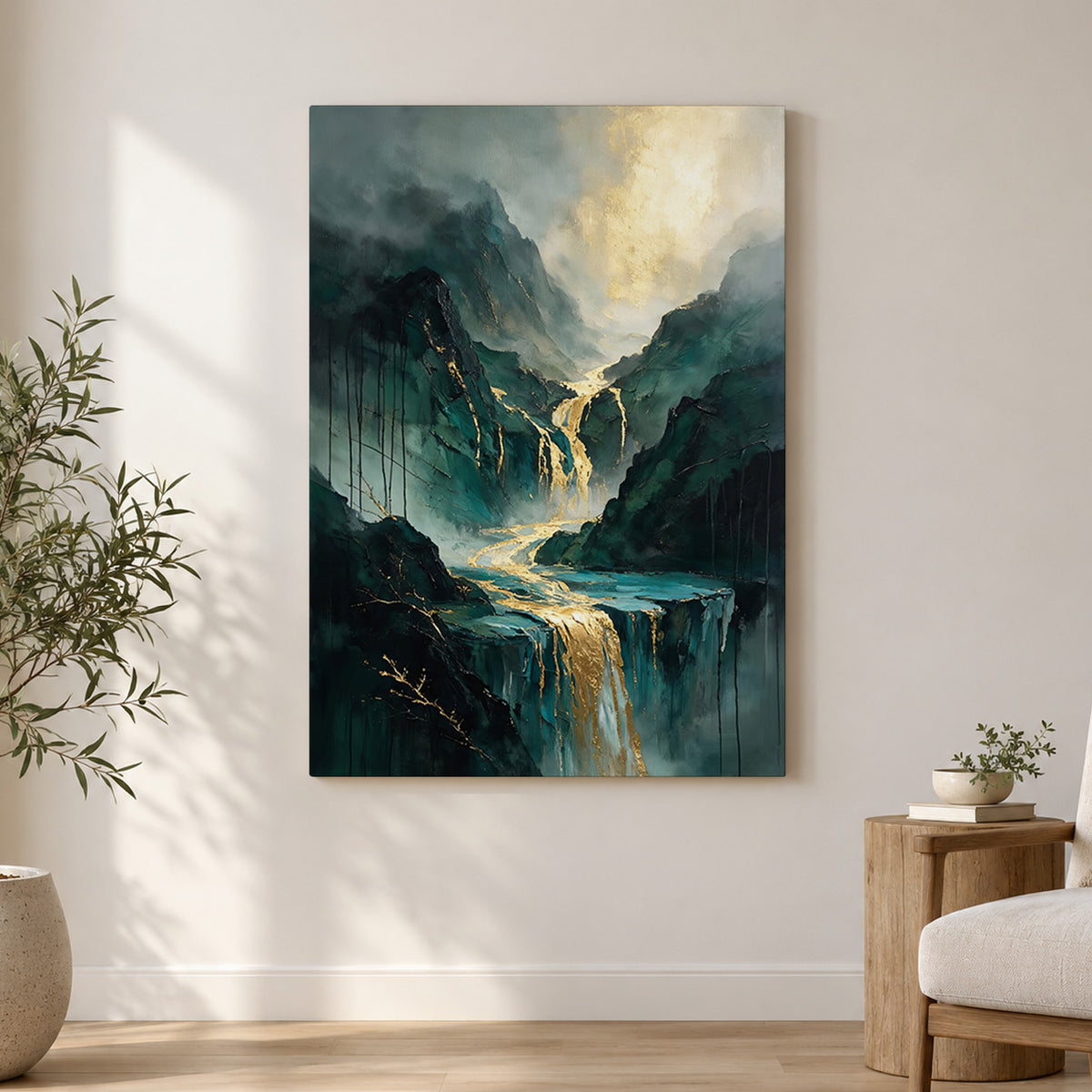 Golden Cascades – Emerald Mountain Waterfall Art
