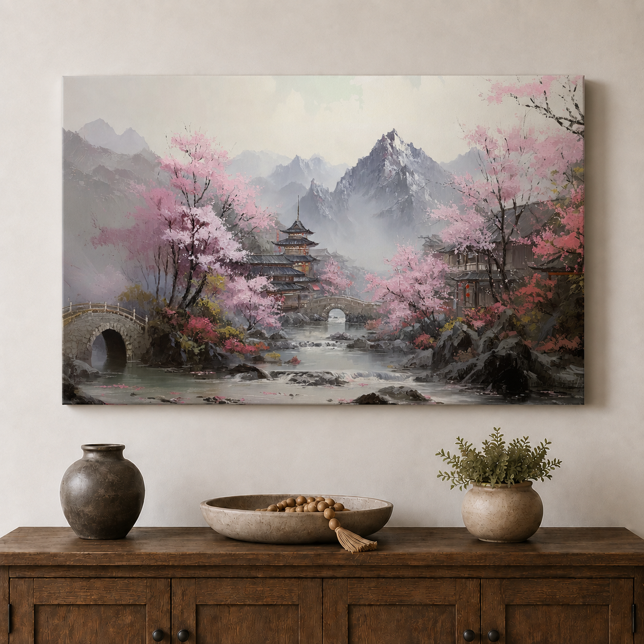 Cherry Blossom Serene Village Scape