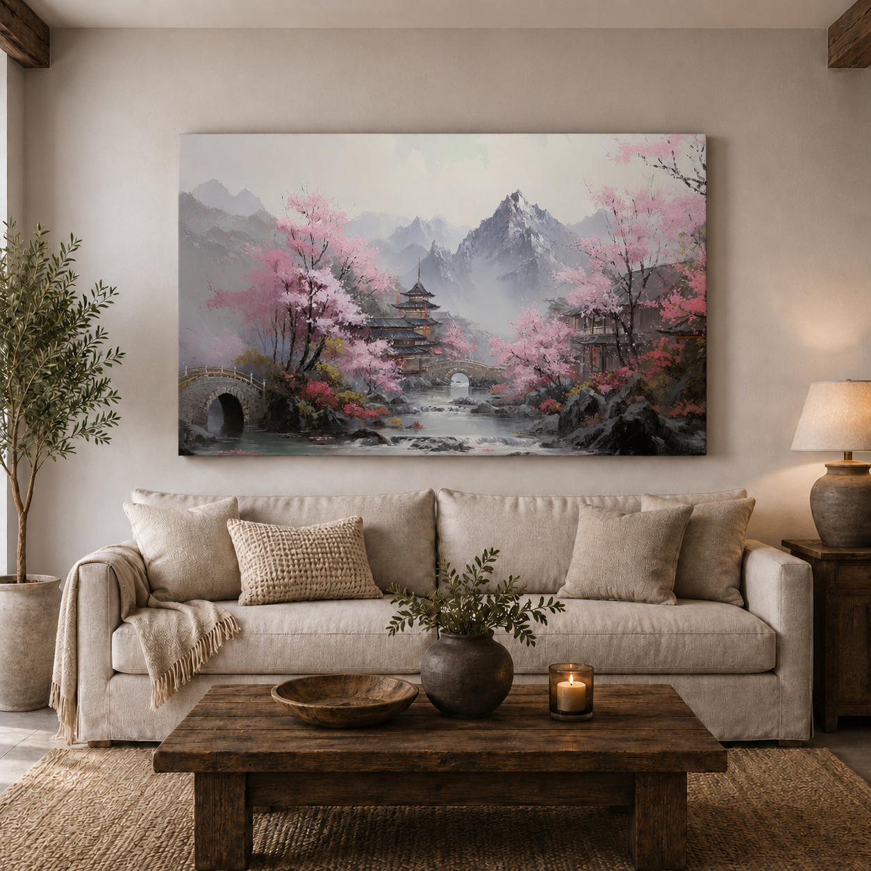 Cherry Blossom Serene Village Scape
