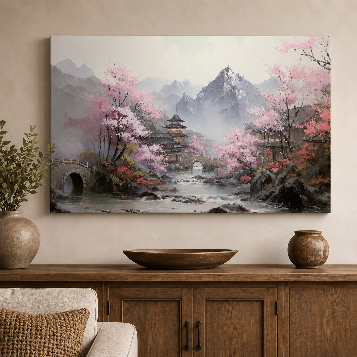 Cherry Blossom Serene Village Scape