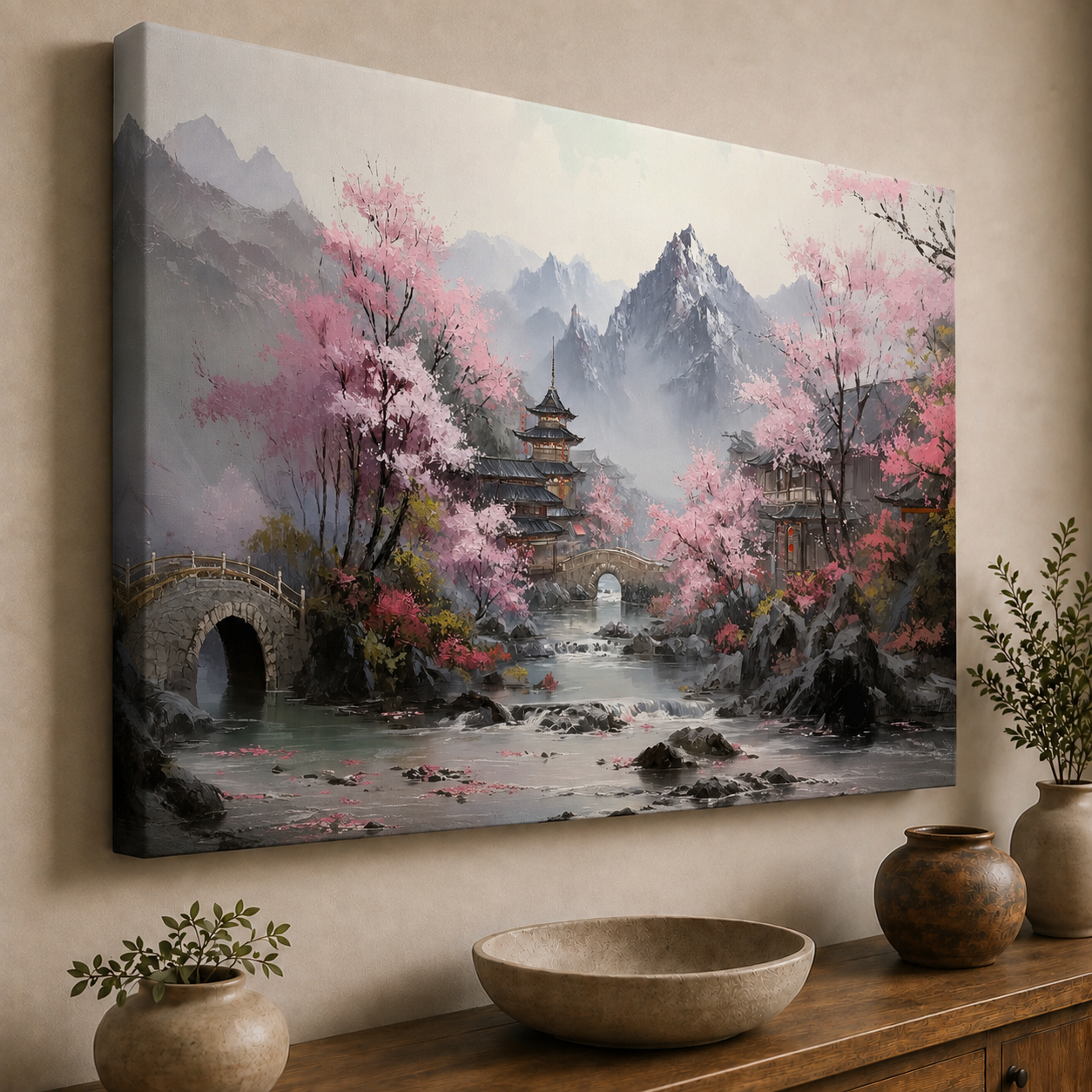 Cherry Blossom Serene Village Scape