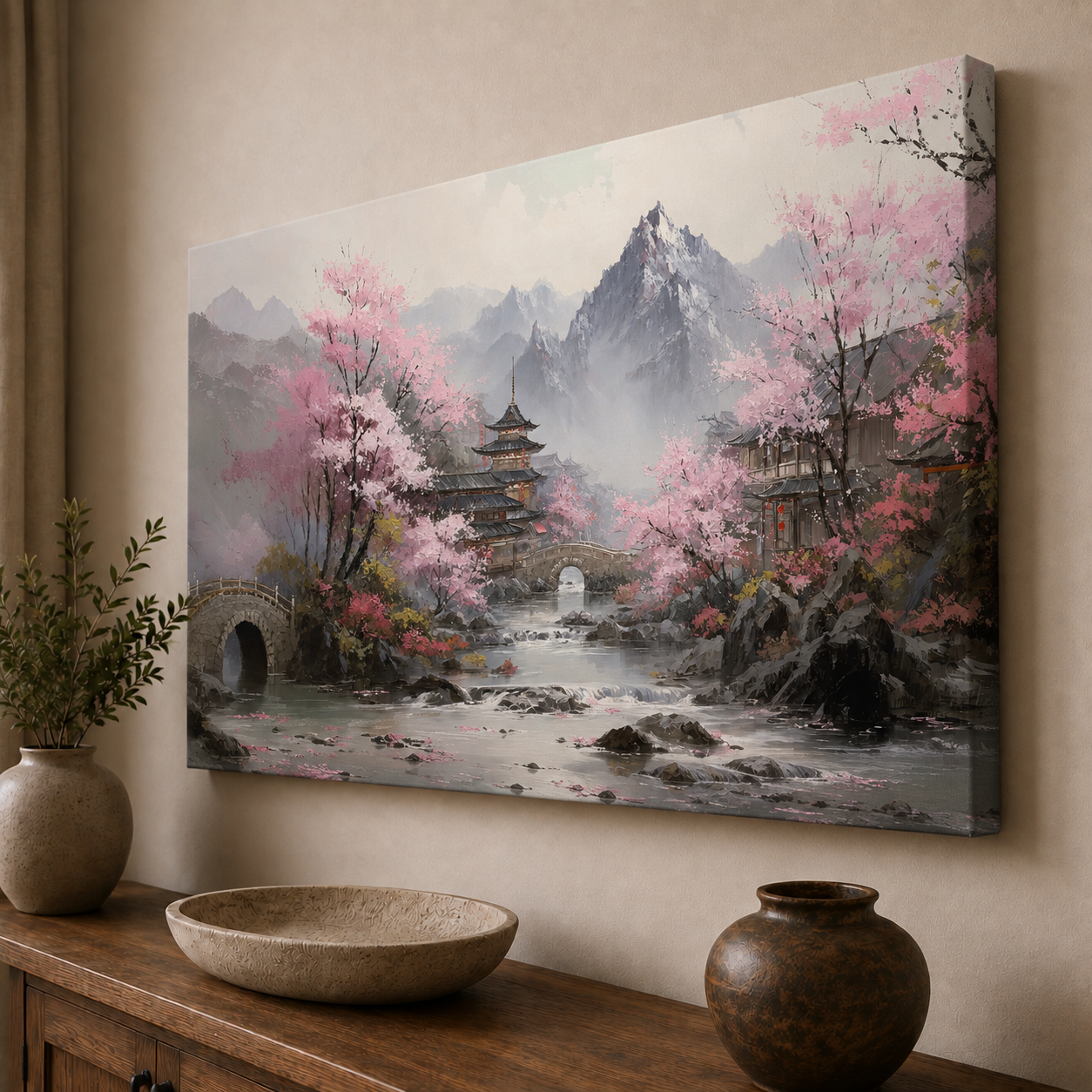 Cherry Blossom Serene Village Scape