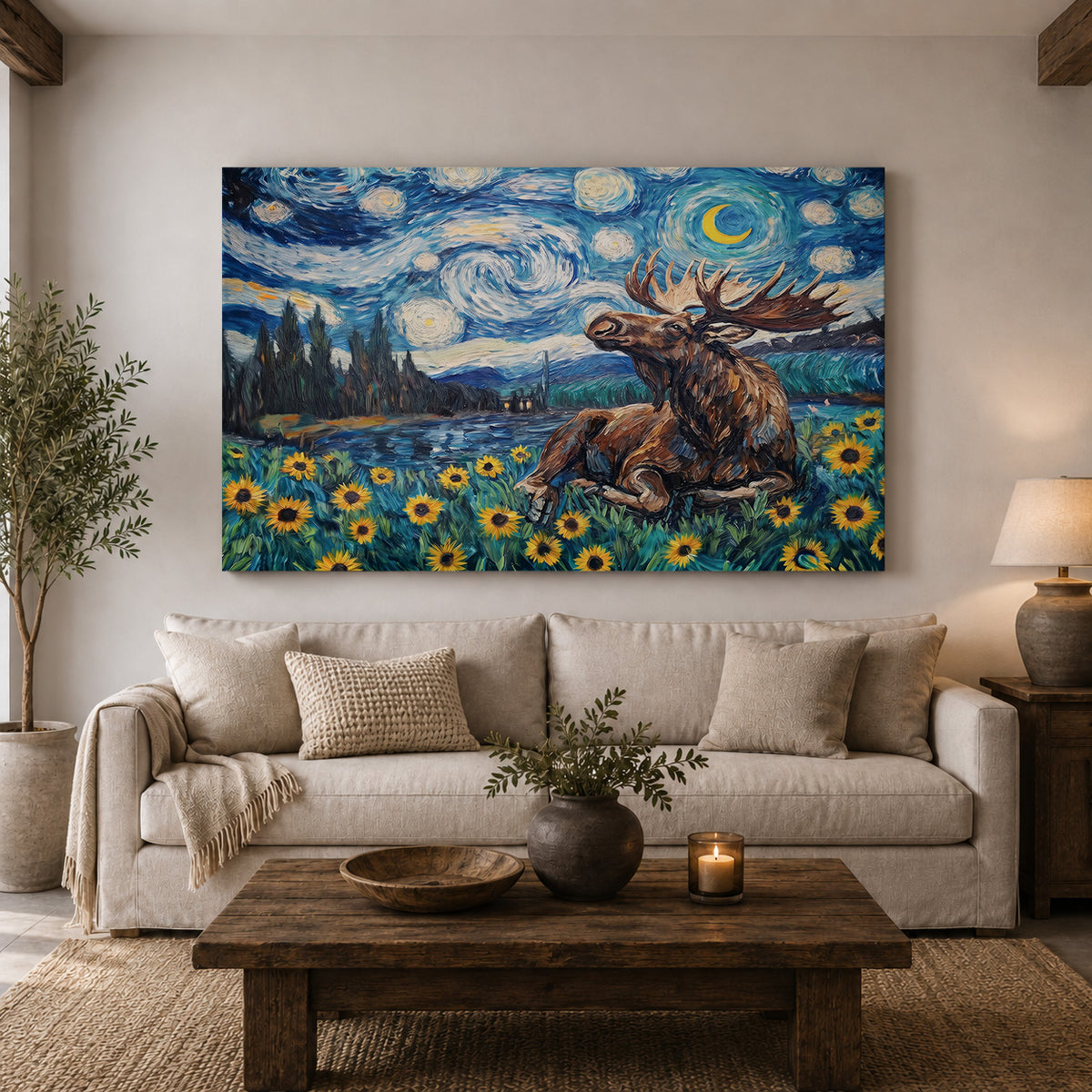 Starry Night Moose Among the Sunflowers