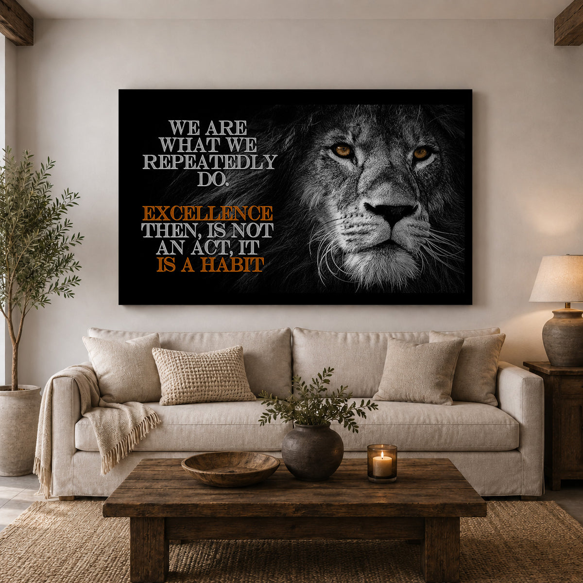 Excellence Is a Habit — Aristotle-Inspired Lion Motivational Canvas