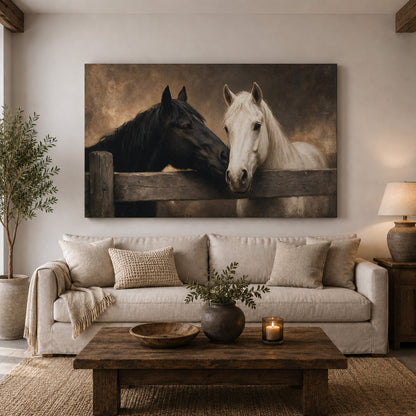 Together at the Fence – Rustic Black and White Horses