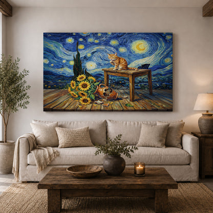 Starry Night Cat and Sunflowers