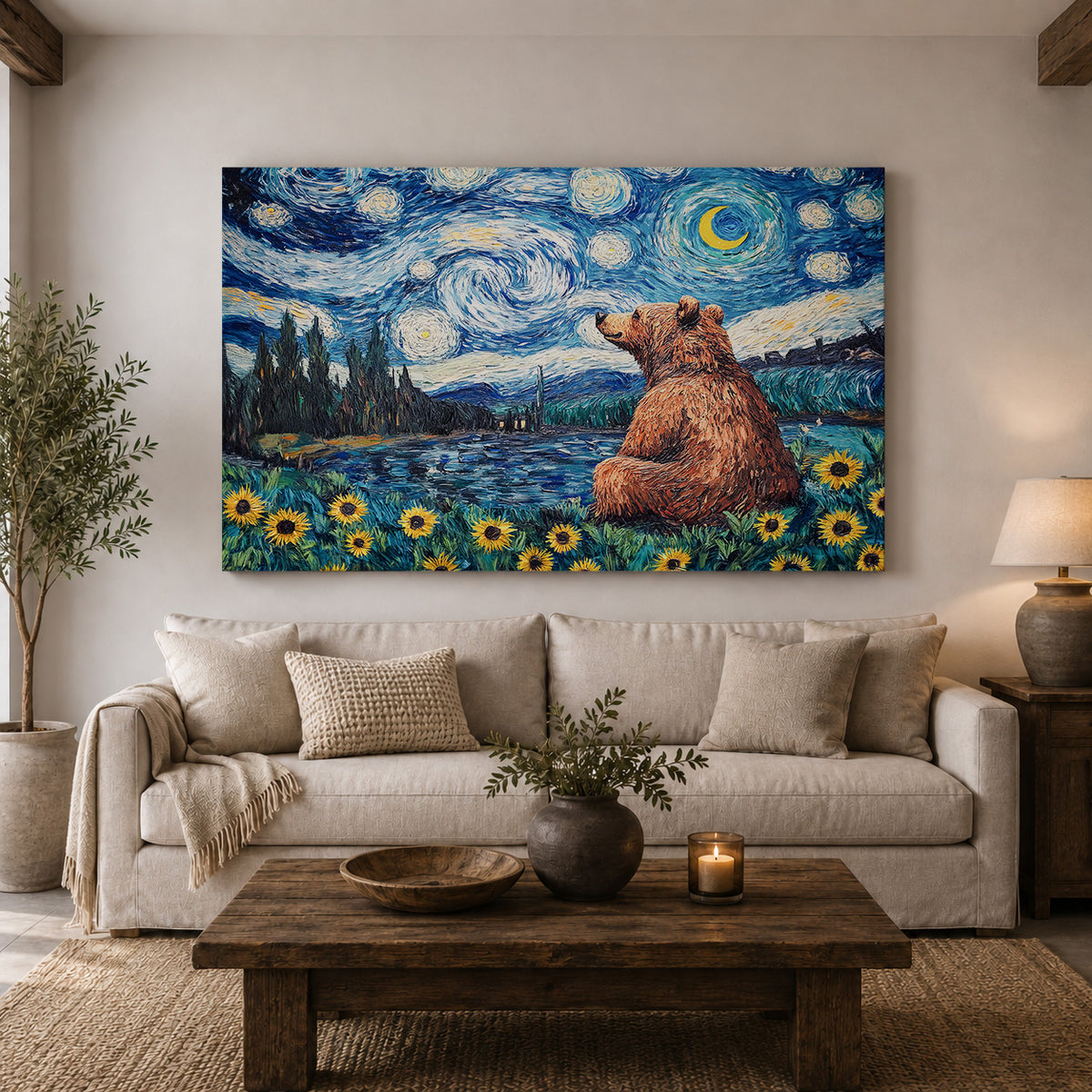 Starry Night Bear Among the Sunflowers