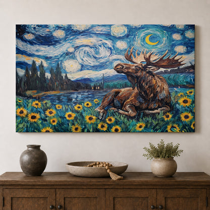 Starry Night Moose Among the Sunflowers