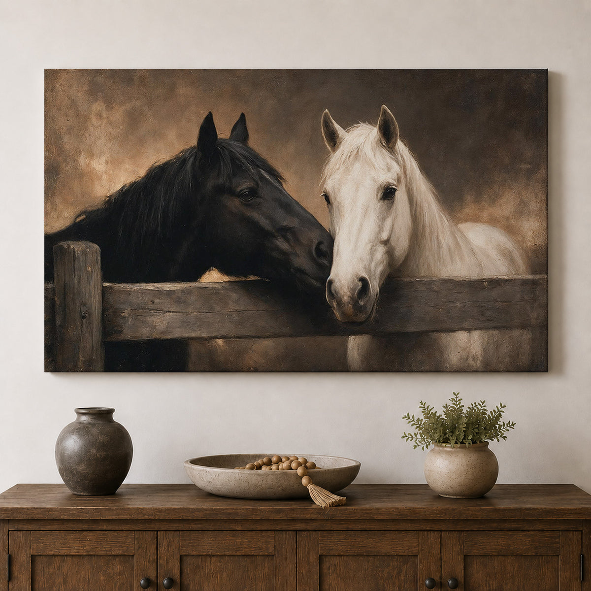 Together at the Fence – Rustic Black and White Horses