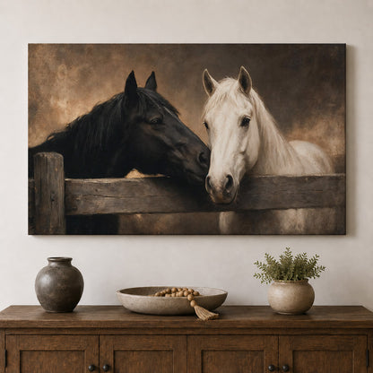 Together at the Fence – Rustic Black and White Horses