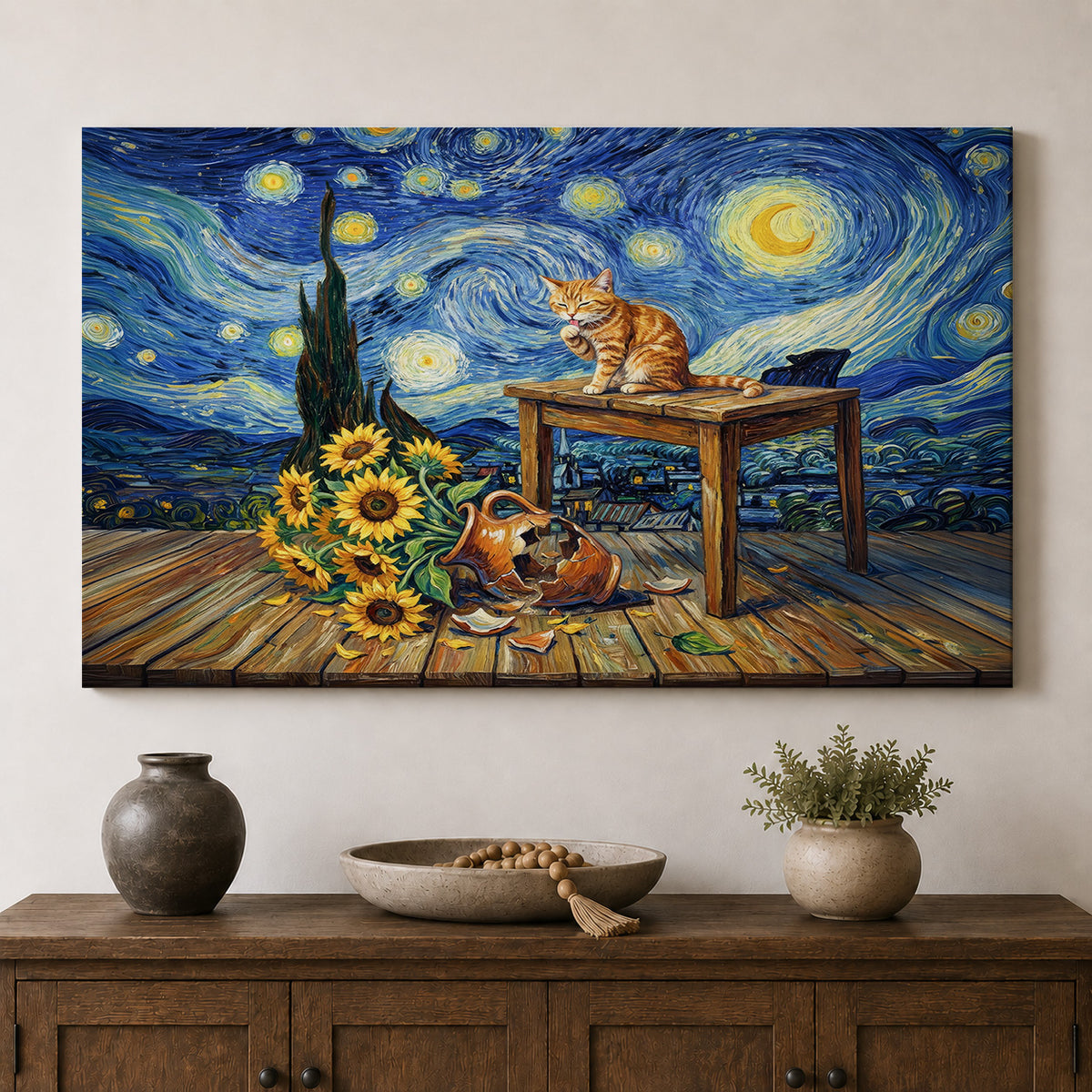 Starry Night Cat and Sunflowers