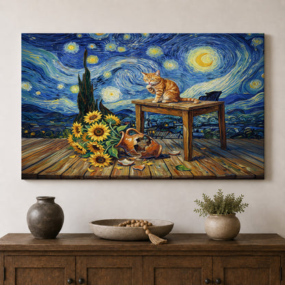 Starry Night Cat and Sunflowers