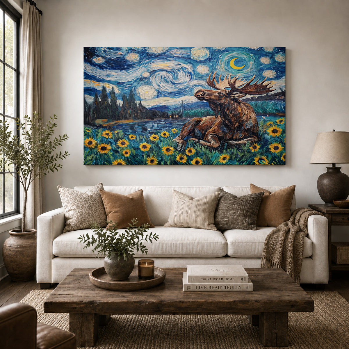 Starry Night Moose Among the Sunflowers