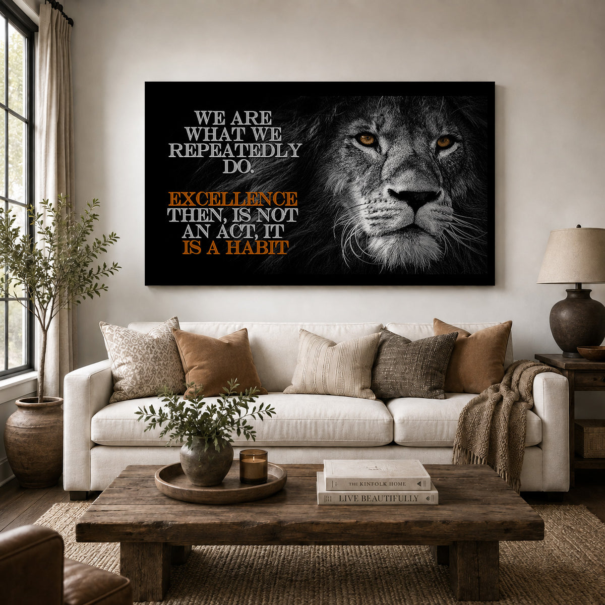 Excellence Is a Habit — Aristotle-Inspired Lion Motivational Canvas