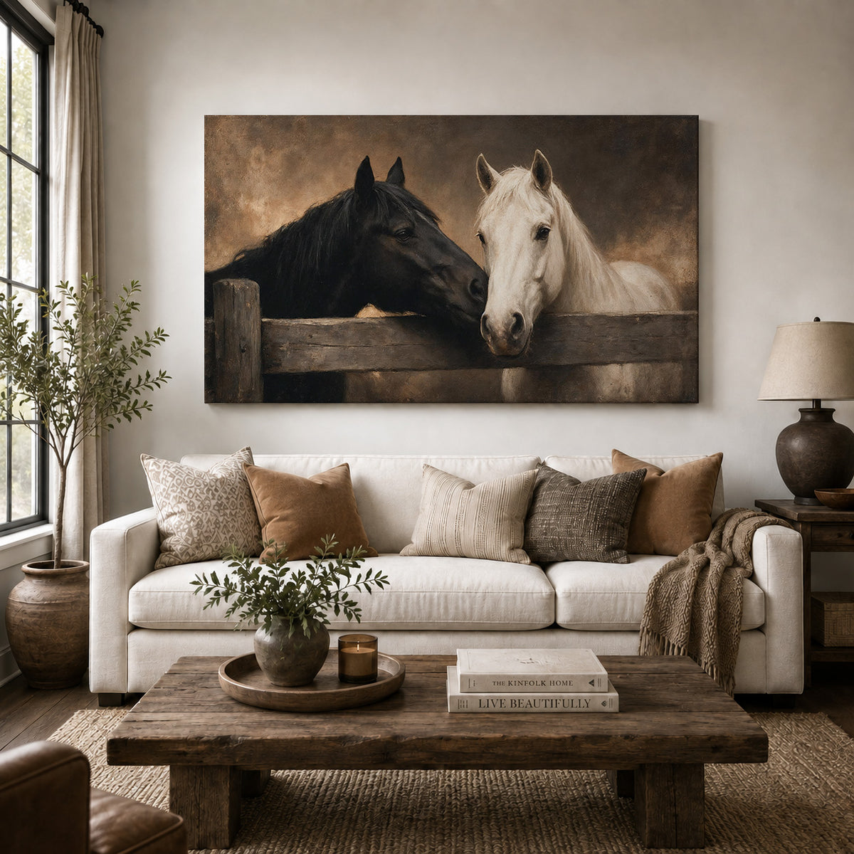 Together at the Fence – Rustic Black and White Horses