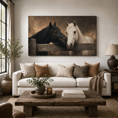 Together at the Fence – Rustic Black and White Horses