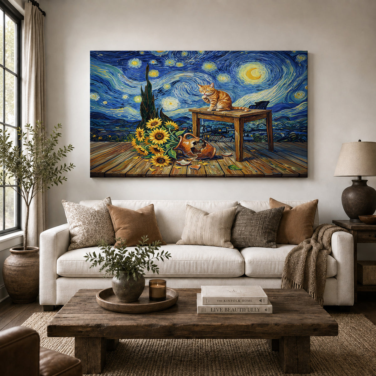 Starry Night Cat and Sunflowers