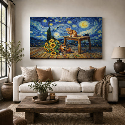 Starry Night Cat and Sunflowers