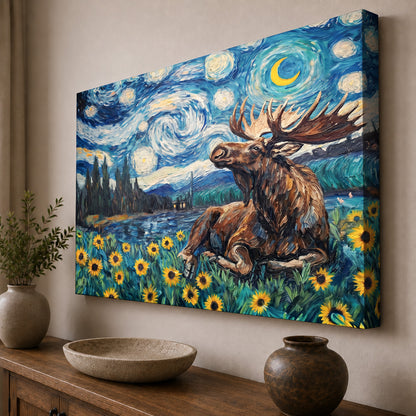 Starry Night Moose Among the Sunflowers