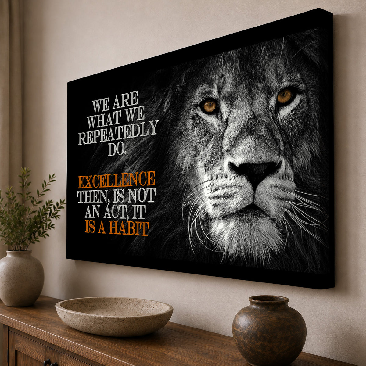 Excellence Is a Habit — Aristotle-Inspired Lion Motivational Canvas