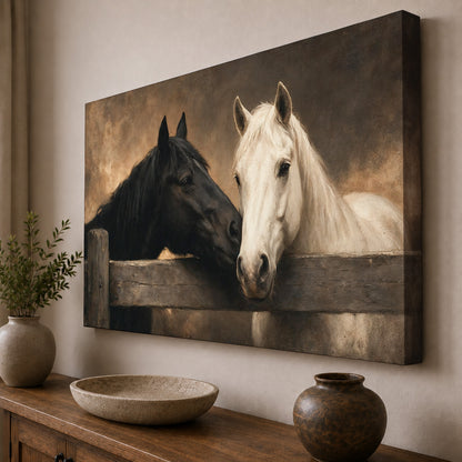 Together at the Fence – Rustic Black and White Horses