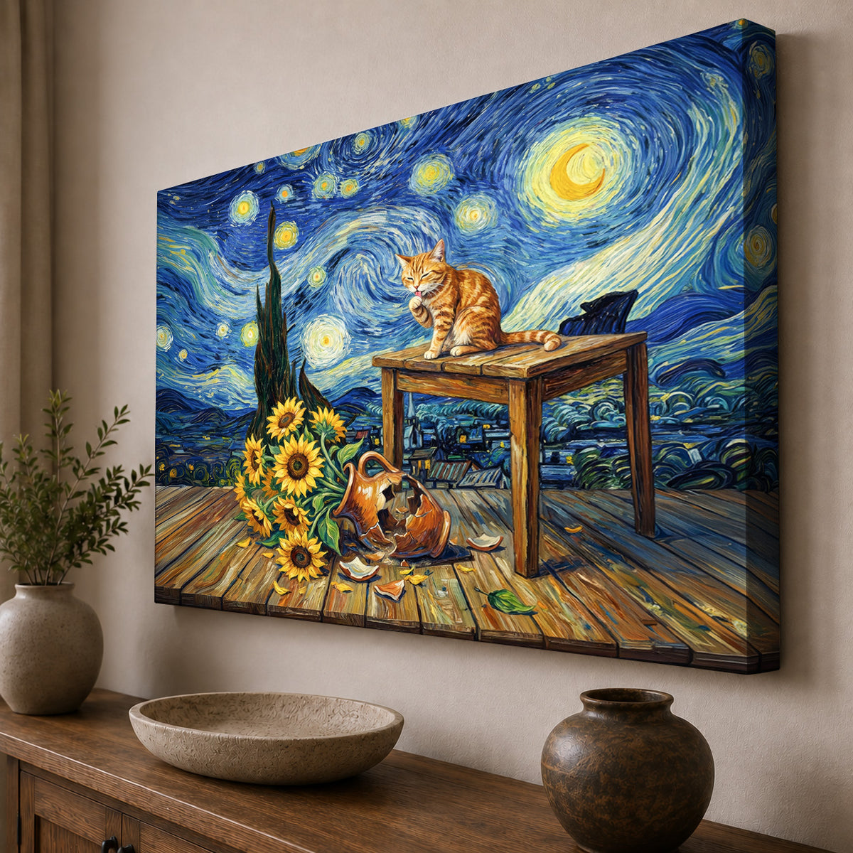 Starry Night Cat and Sunflowers
