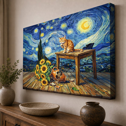 Starry Night Cat and Sunflowers