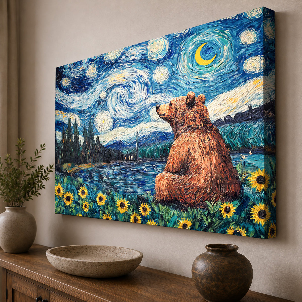 Starry Night Bear Among the Sunflowers