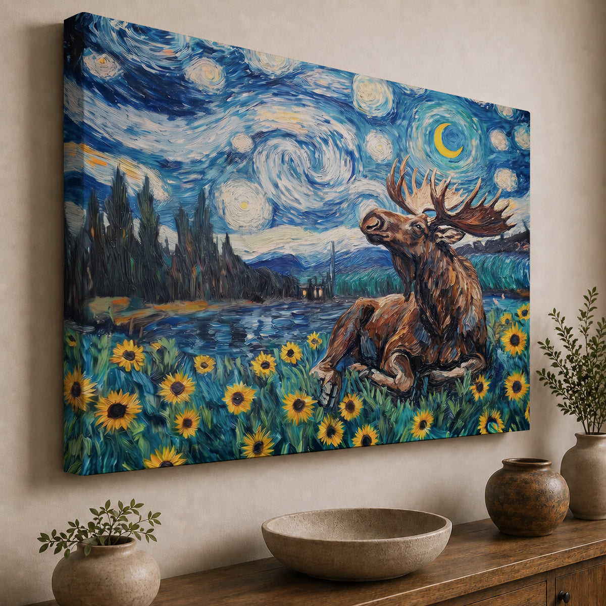 Starry Night Moose Among the Sunflowers