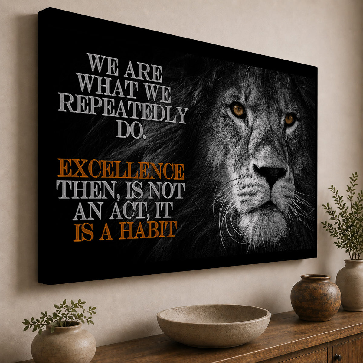 Excellence Is a Habit — Aristotle-Inspired Lion Motivational Canvas