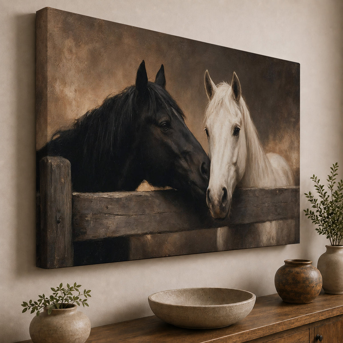 Together at the Fence – Rustic Black and White Horses