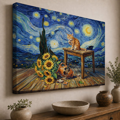 Starry Night Cat and Sunflowers