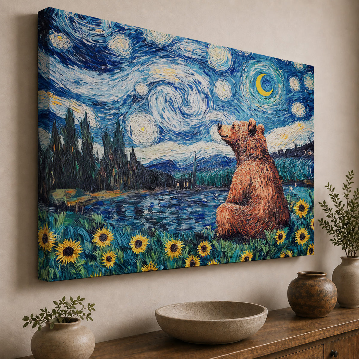 Starry Night Bear Among the Sunflowers