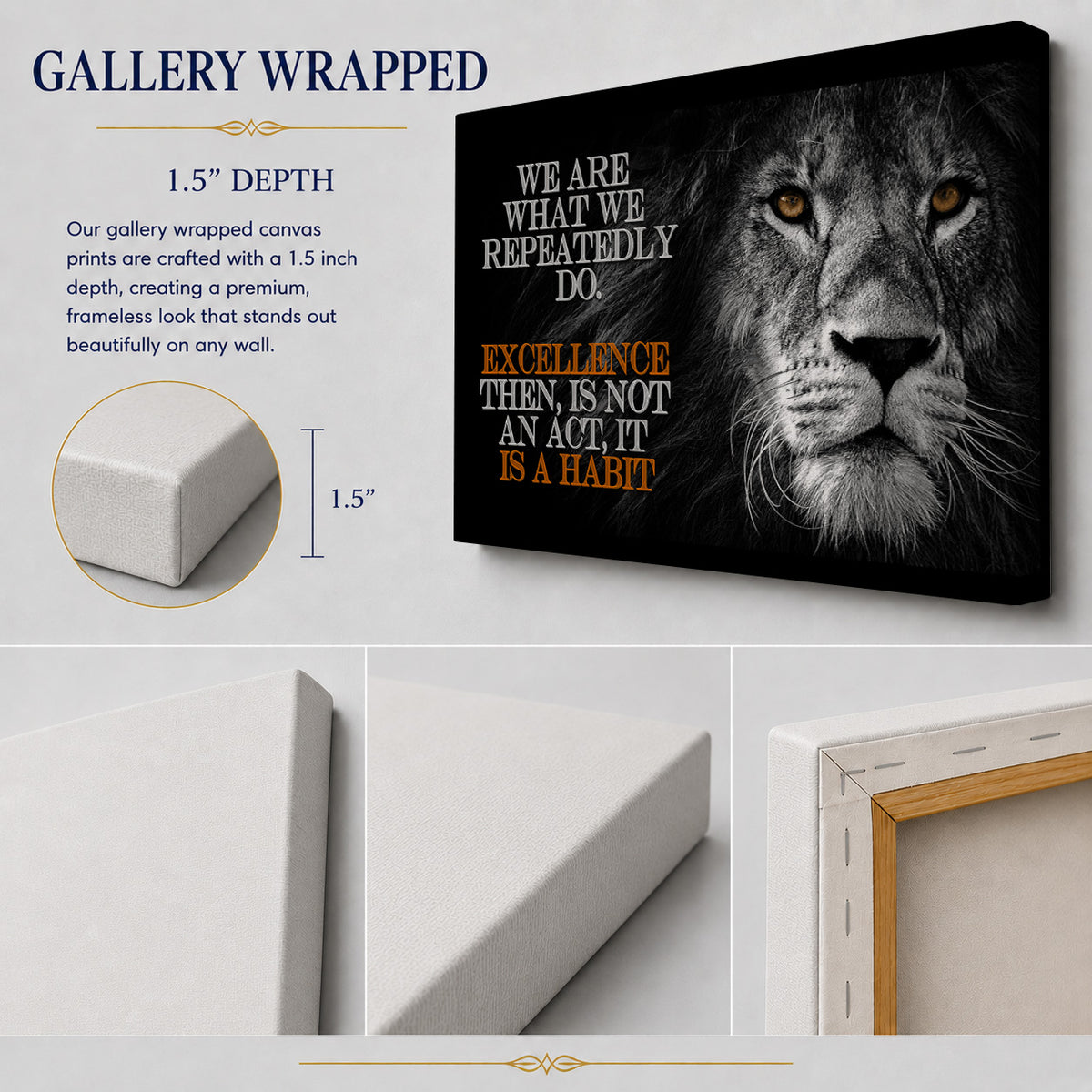 Excellence Is a Habit — Aristotle-Inspired Lion Motivational Canvas
