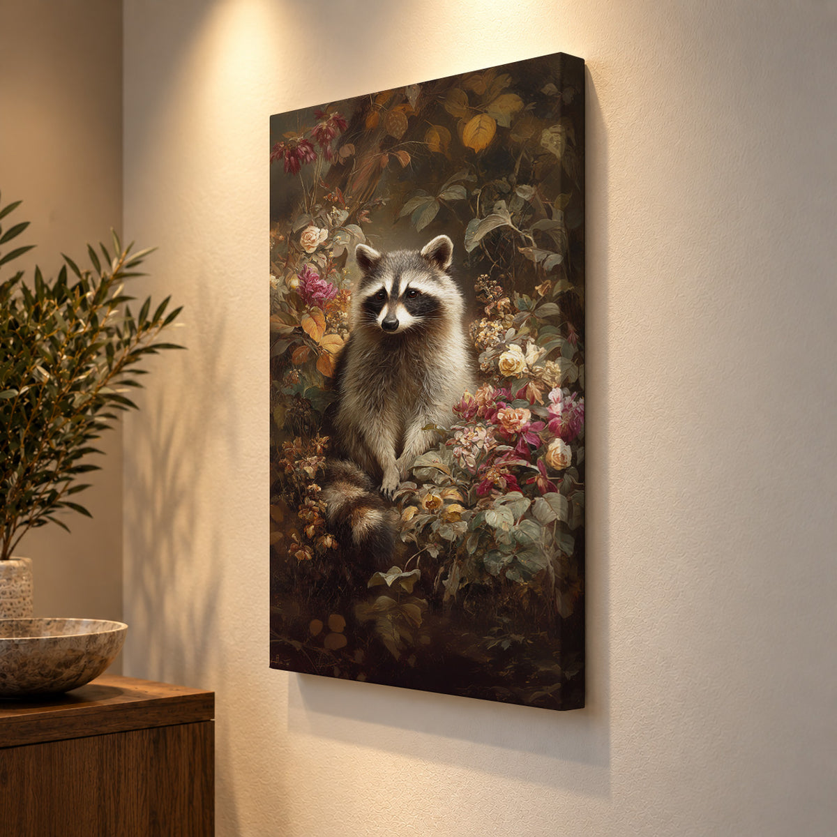 Woodland Visitor – Raccoon & Wildflowers Canvas Print