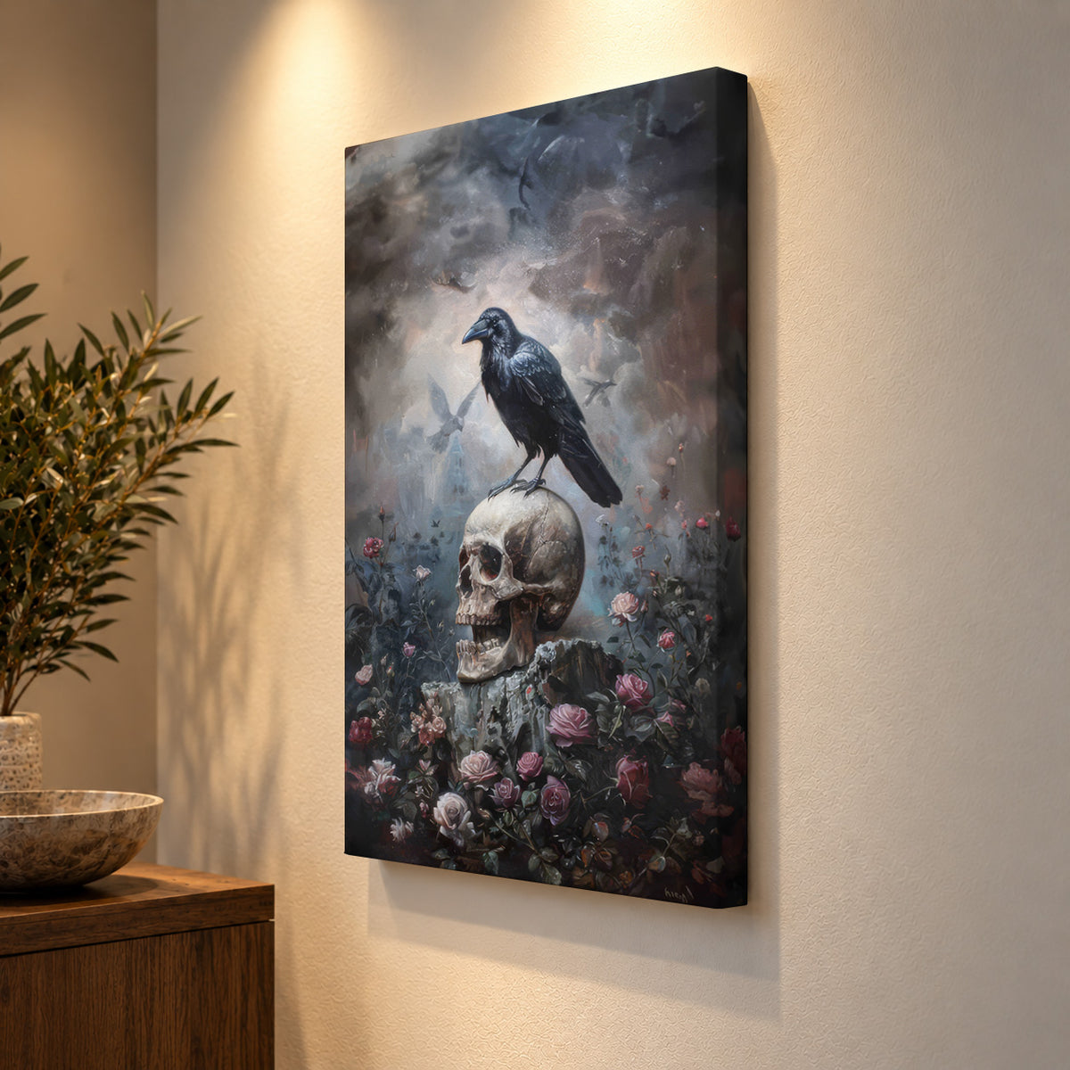 Raven & Roses – Gothic Skull Canvas Wall Art
