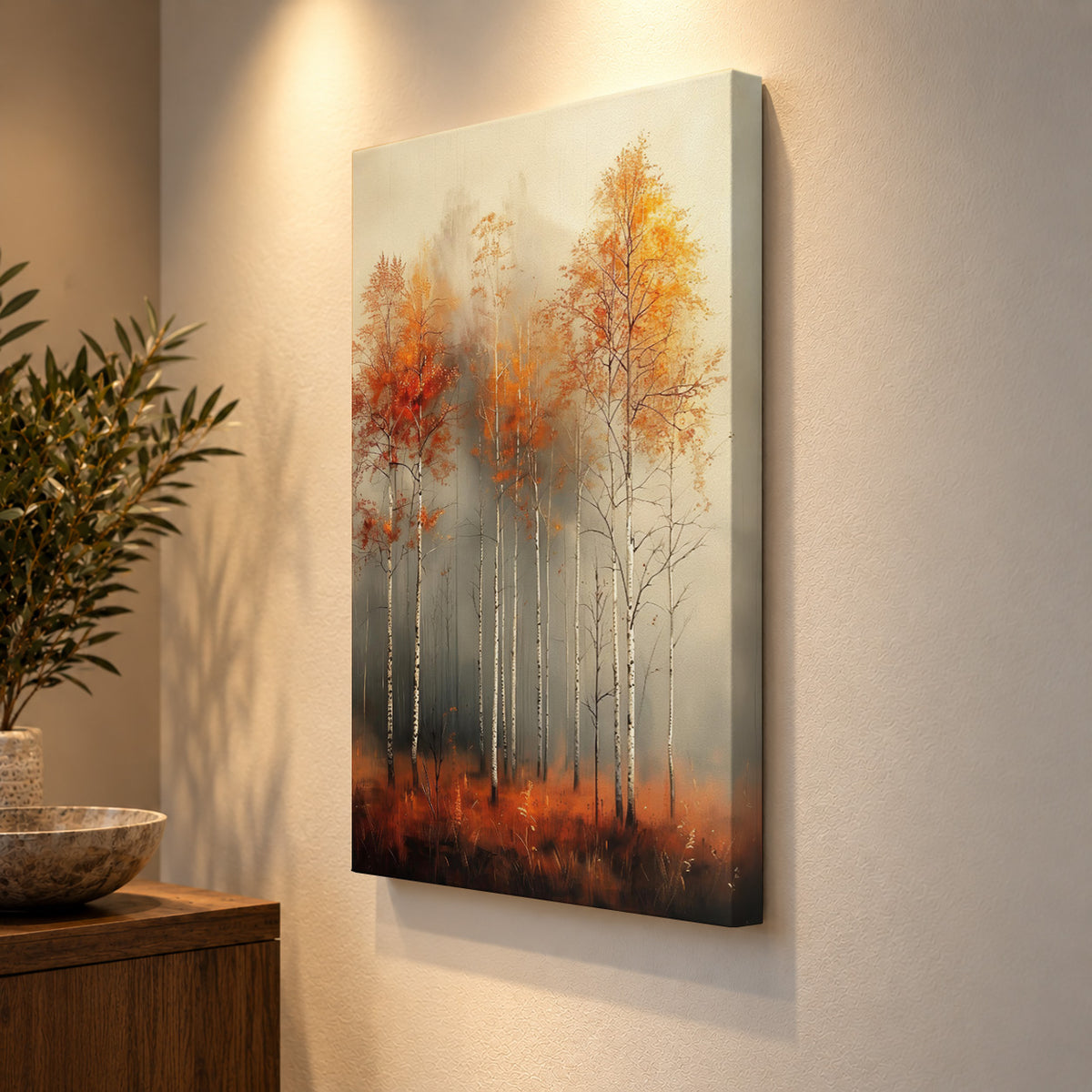 Autumn Whispers – Misty Birch Forest Art
