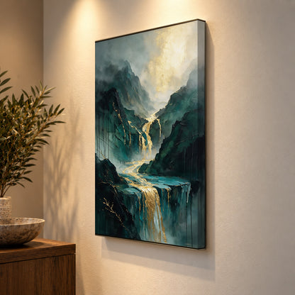 Golden Cascades – Emerald Mountain Waterfall Art