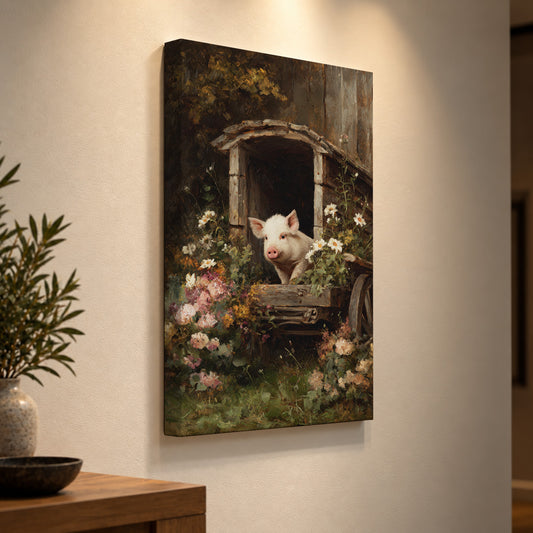 Little Farmyard Visitor – Piglet & Wildflowers Canvas Print