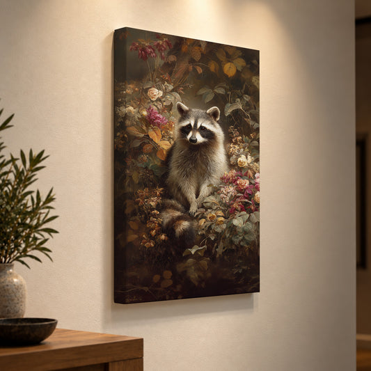 Woodland Visitor – Raccoon & Wildflowers Canvas Print