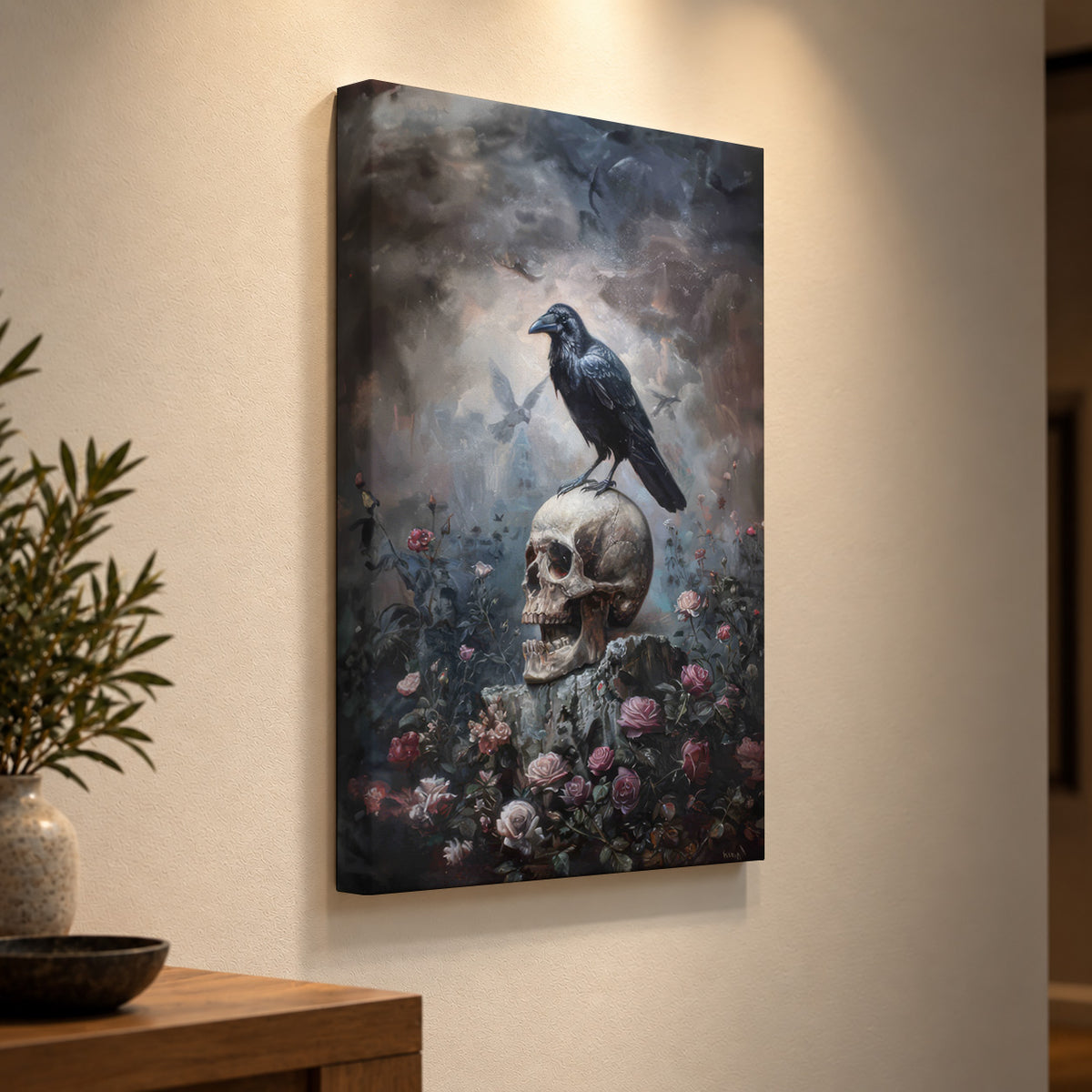 Raven & Roses – Gothic Skull Canvas Wall Art