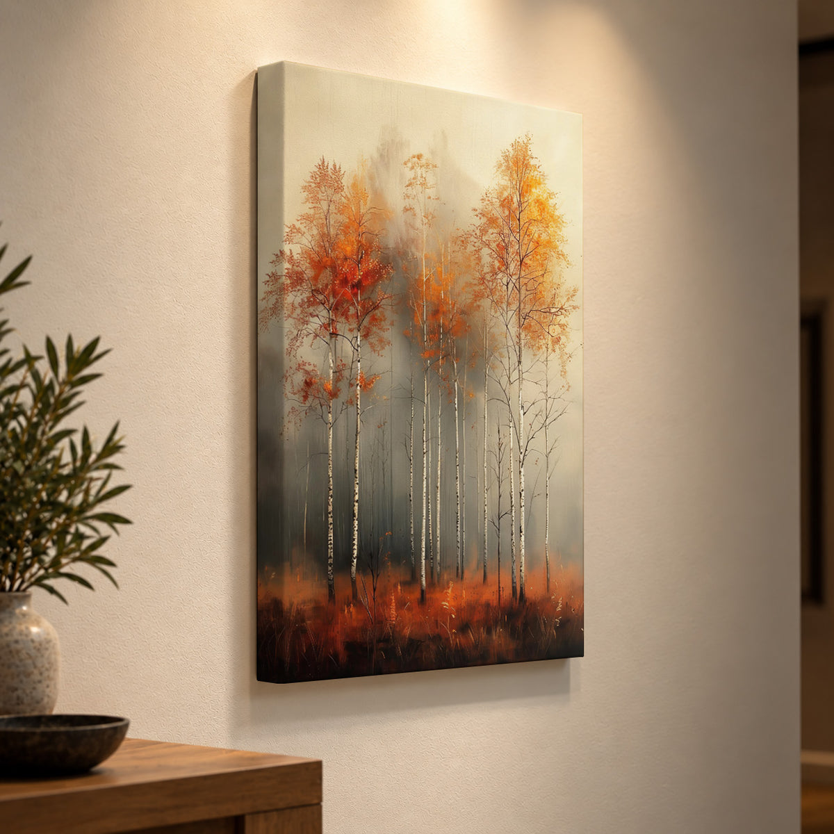 Autumn Whispers – Misty Birch Forest Art