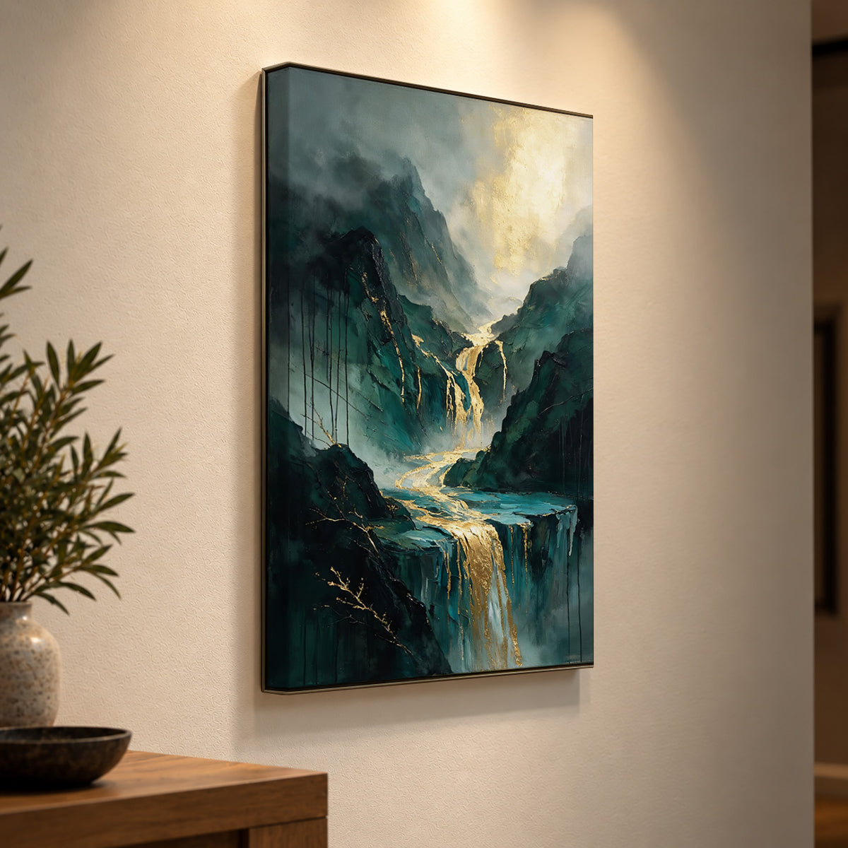 Golden Cascades – Emerald Mountain Waterfall Art