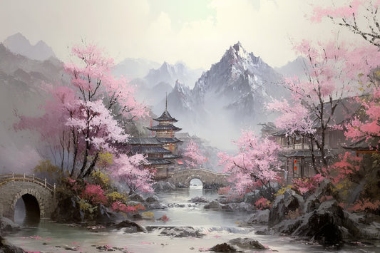Cherry Blossom Serene Village Scape