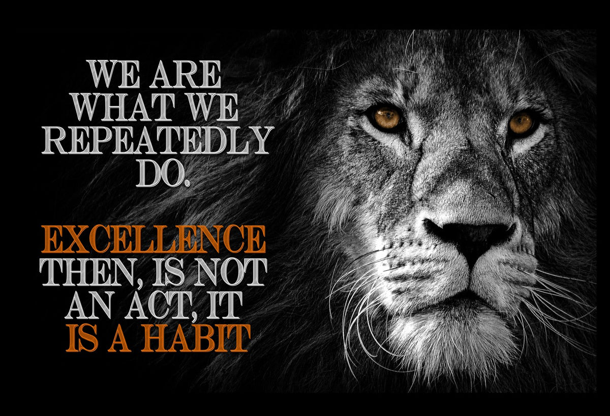 Excellence Is a Habit — Aristotle-Inspired Lion Motivational Canvas