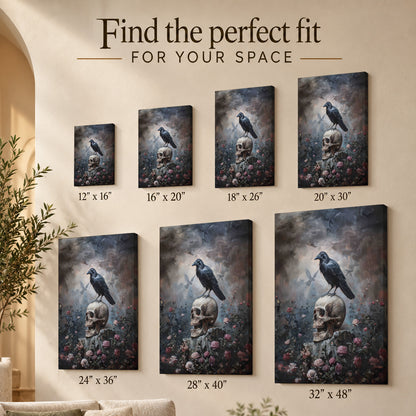 Raven & Roses – Gothic Skull Canvas Wall Art